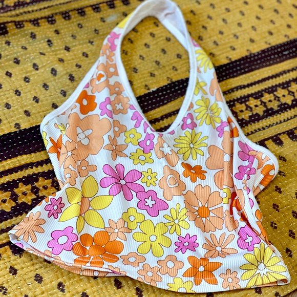 Tops - Retro Style Flower Power Halter Top with Pink Yellow Orange Flowers